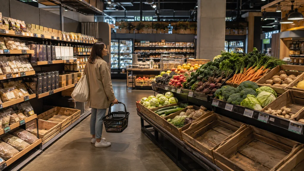 Market reyonunda taze sebze ve meyveler, gelecekte gıda erişimi tartışmalarını temsil ediyor
