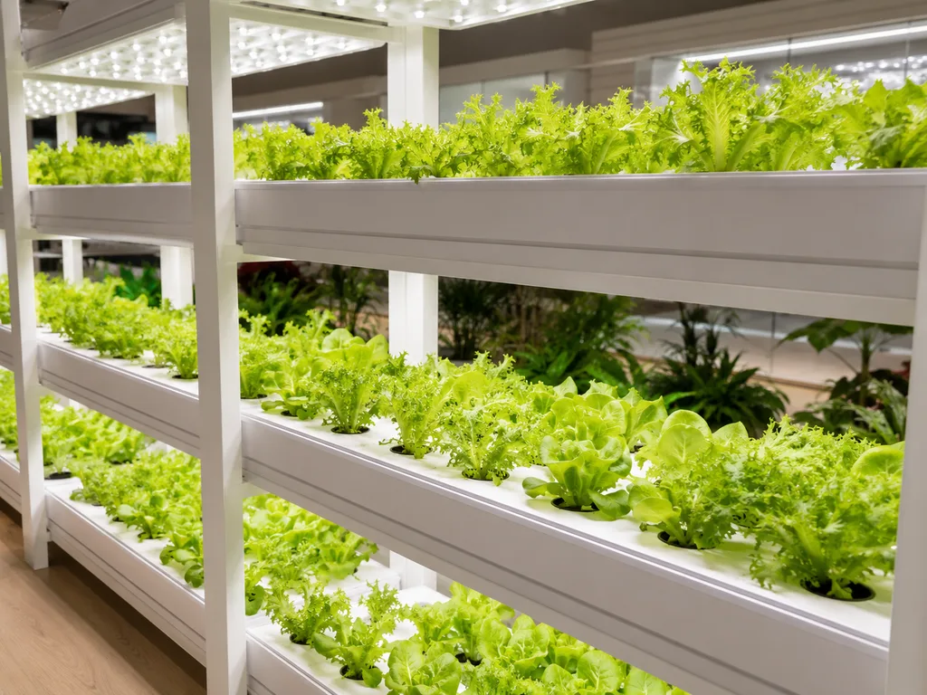 LED aydınlatma altında çalışan dikey hidroponik üretim sistemi