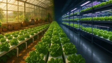 Ultra-realistic horizontal photograph symbolizing the cultural journey of hydroponic farming from Anatolia to Tokyo. The left side shows a modern greenhouse in Anatolia with NFT hydroponic systems growing lush green lettuce and other leafy greens. The greenhouse has natural sunlight streaming through, warm earthy tones, and subtle elements reflecting Anatolian culture, like patterned ceramic pots or traditional woven baskets in the background. The right side transitions seamlessly into a futuristic Tokyo indoor vertical farm with glowing LED lights, sleek metal structures, and high-tech hydroponic setups. A continuous green pathway of fresh leafy vegetables flows through the center, connecting both worlds, symbolizing growth and sustainability. Cinematic lighting, highly detailed textures, vibrant colors, ultra-realistic quality.