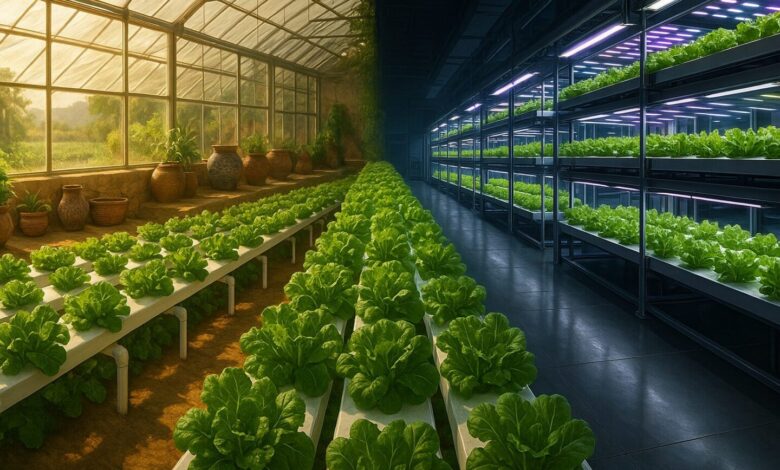 Ultra-realistic horizontal photograph symbolizing the cultural journey of hydroponic farming from Anatolia to Tokyo. The left side shows a modern greenhouse in Anatolia with NFT hydroponic systems growing lush green lettuce and other leafy greens. The greenhouse has natural sunlight streaming through, warm earthy tones, and subtle elements reflecting Anatolian culture, like patterned ceramic pots or traditional woven baskets in the background. The right side transitions seamlessly into a futuristic Tokyo indoor vertical farm with glowing LED lights, sleek metal structures, and high-tech hydroponic setups. A continuous green pathway of fresh leafy vegetables flows through the center, connecting both worlds, symbolizing growth and sustainability. Cinematic lighting, highly detailed textures, vibrant colors, ultra-realistic quality.