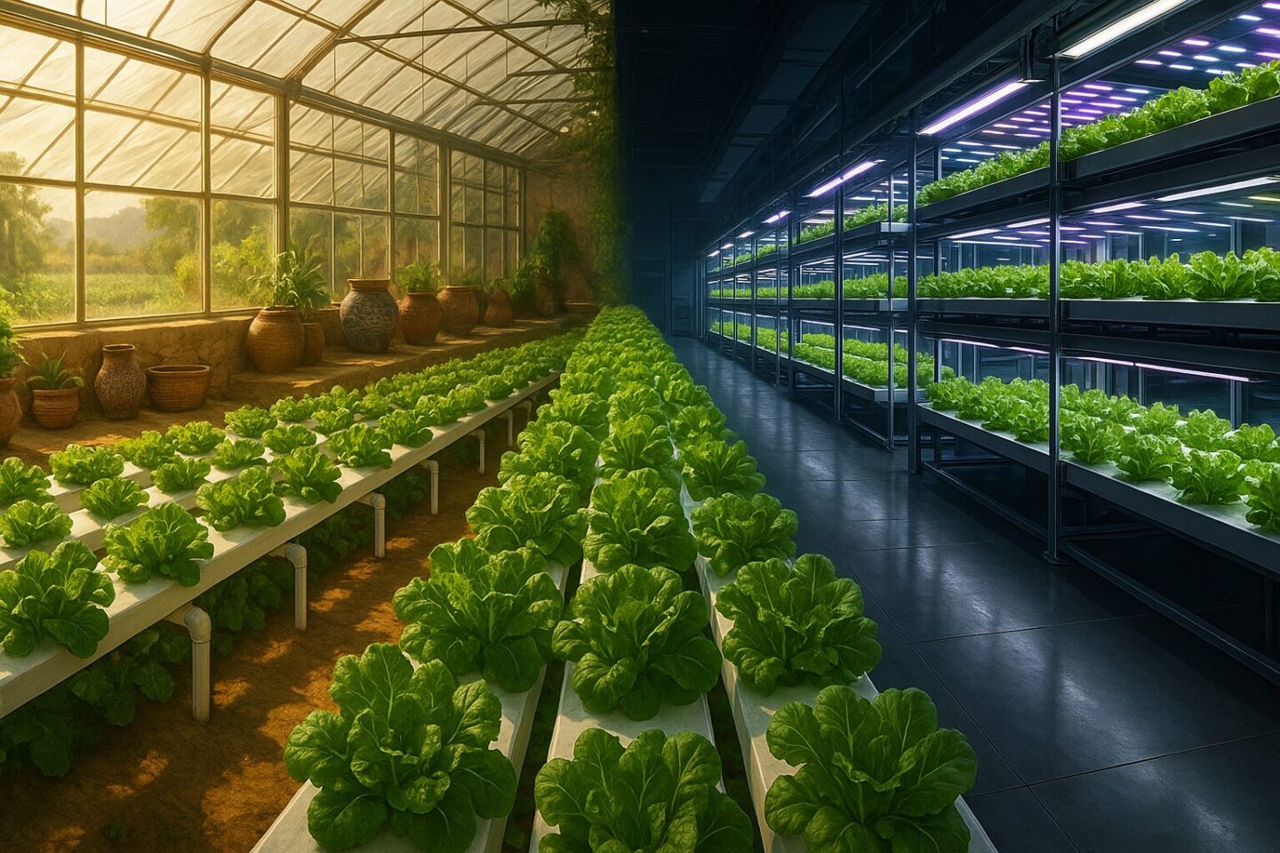 Ultra-realistic horizontal photograph symbolizing the cultural journey of hydroponic farming from Anatolia to Tokyo. The left side shows a modern greenhouse in Anatolia with NFT hydroponic systems growing lush green lettuce and other leafy greens. The greenhouse has natural sunlight streaming through, warm earthy tones, and subtle elements reflecting Anatolian culture, like patterned ceramic pots or traditional woven baskets in the background. The right side transitions seamlessly into a futuristic Tokyo indoor vertical farm with glowing LED lights, sleek metal structures, and high-tech hydroponic setups. A continuous green pathway of fresh leafy vegetables flows through the center, connecting both worlds, symbolizing growth and sustainability. Cinematic lighting, highly detailed textures, vibrant colors, ultra-realistic quality.