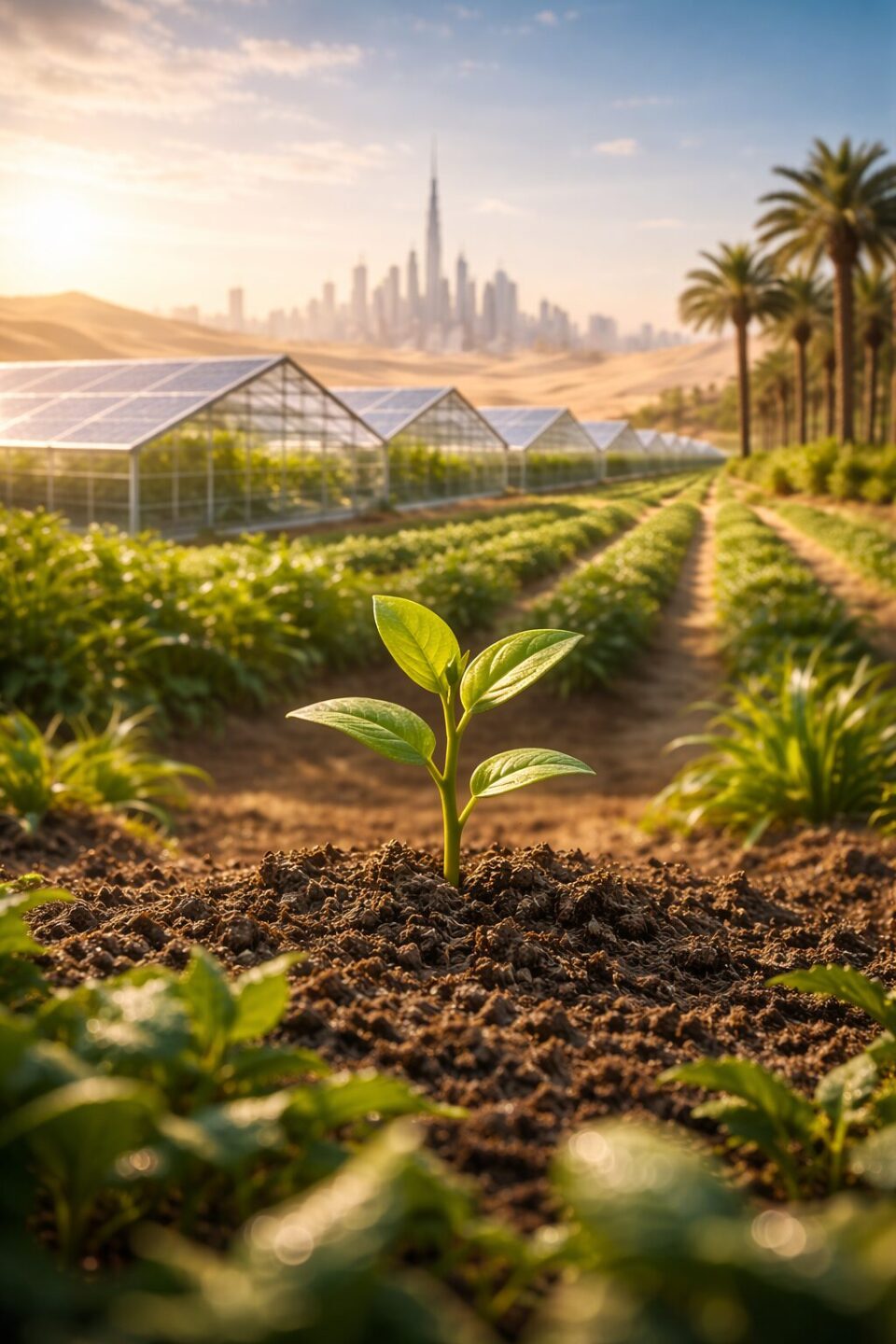 Körfez bölgesinde çöl ortasında yeşeren genç bir fidan; arka planda Dubai silüeti, güneş enerjili seralar ve sürdürülebilir tarım alanı.