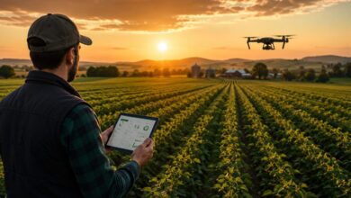 Çiftçinin tablet ve drone ile tarımsal üretimi takip ettiği dijital tarım sahnesi