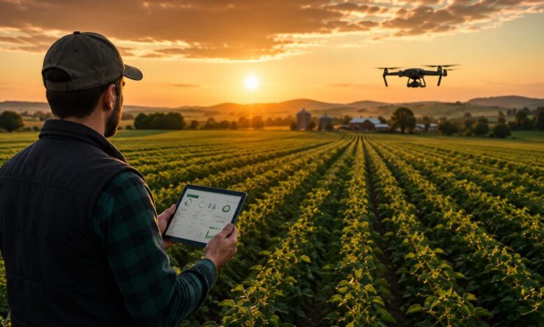 Çiftçinin tablet ve drone ile tarımsal üretimi takip ettiği dijital tarım sahnesi