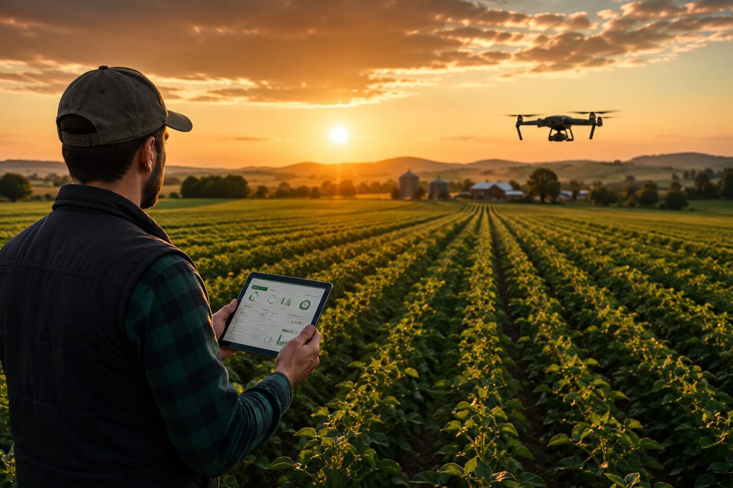 Çiftçinin tablet ve drone ile tarımsal üretimi takip ettiği dijital tarım sahnesi