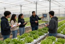 Topraksız tarım serasında üretim sürecini inceleyen ziyaretçiler ve uzman