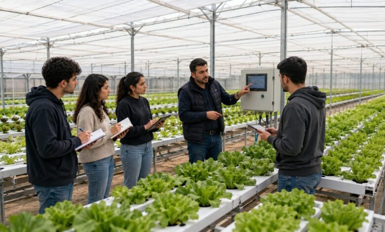 Topraksız tarım serasında üretim sürecini inceleyen ziyaretçiler ve uzman
