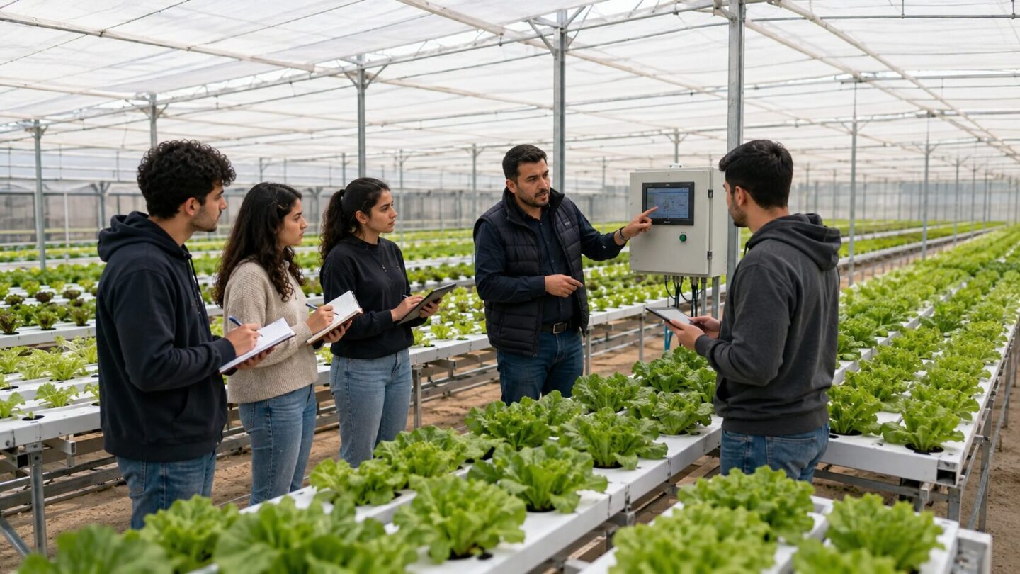 Topraksız tarım serasında üretim sürecini inceleyen ziyaretçiler ve uzman