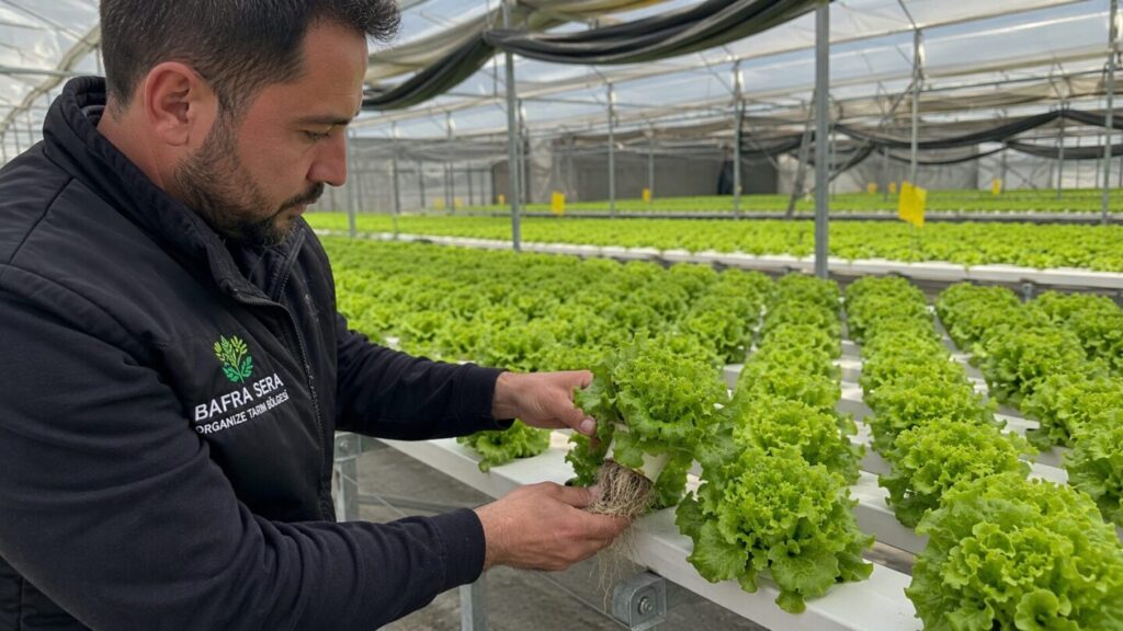 Bafra Sera OTB’de hidroponik marul üretimini kontrol eden çalışan