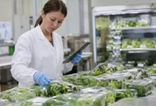Gıda denetimleri kapsamında paketli yeşillikleri kontrol eden gıda denetçisi